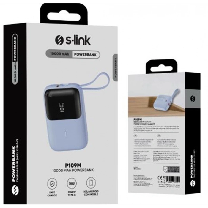 S-link P109M 10000mAh 5W Mavi LCD Taşınabilir Pil Şarj Cihazı Powerbank