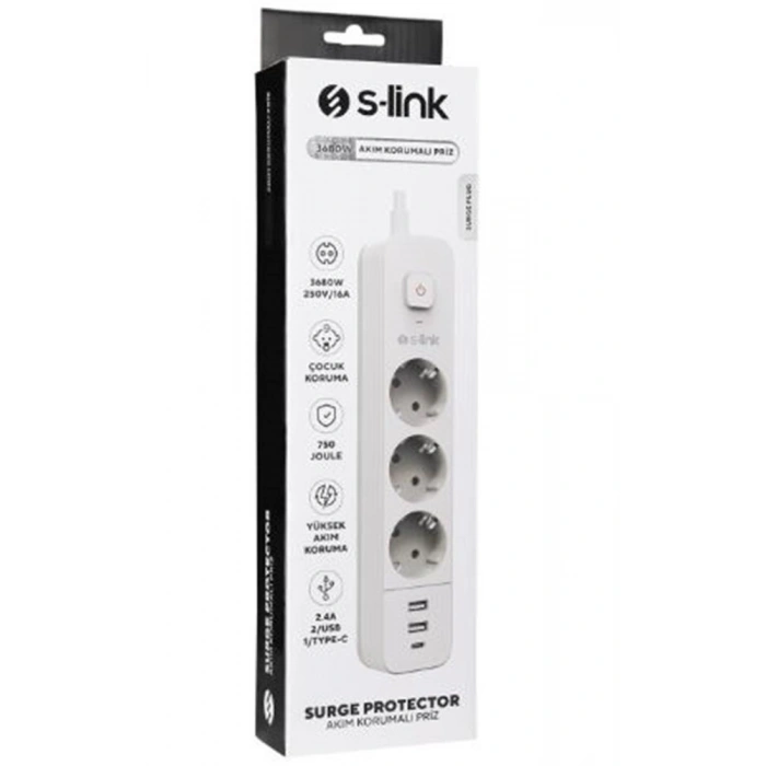 S-link SPG03TC 5V2.4A 1.5m 3x1.00mm 100 yüzde  Bakır 750 Joule 3 lü Anahtarlı Akım Korumalı Beyaz Priz