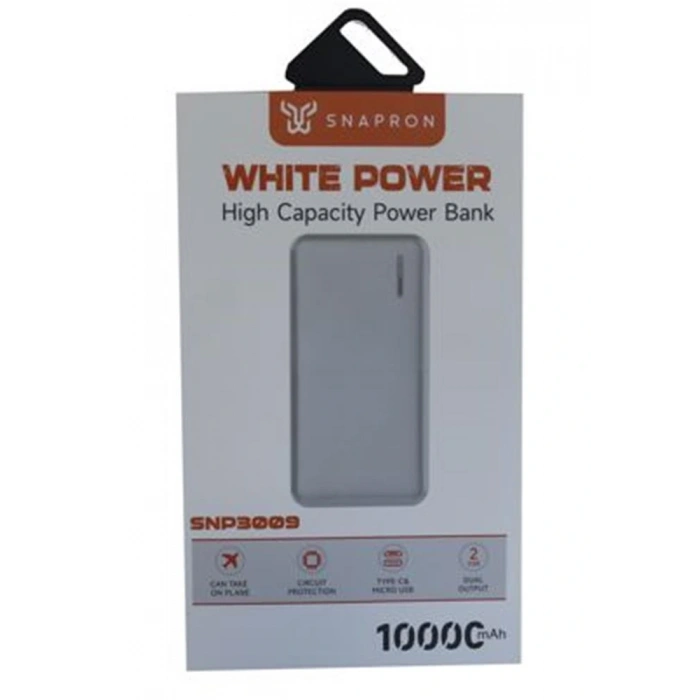 SnapMax SNP-3009 Beyaz 10.000 mah Powerbank 2x USB Çıkışlı 1 Type-C ve 1 Micro Girişli