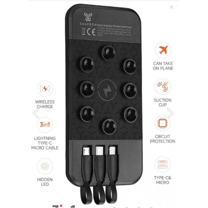 Snapron SNP-3003 10.000 Mah Vantuzlu Wireless Kablosuz ve 3in1 Kablolu Powerbank