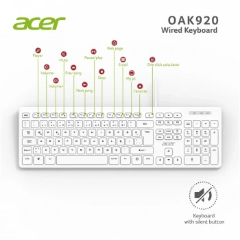 Acer OAK920 Q Usb Beyaz 1.8mt Kablolu Klavye-Tek Tuş Hesap Makinalı (Sessiz Tuş)