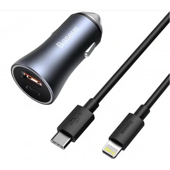 BASEUS Golden Connector Pro U+C 40W Type-C to Lightning Kablo Setli Araç İçi Şarj Cihazı Koyu Gri