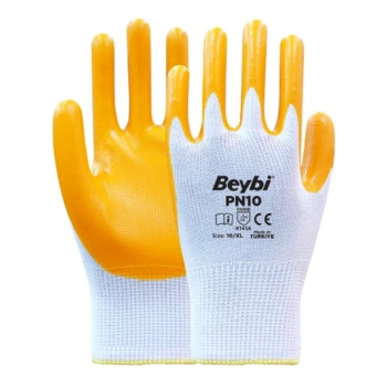 Beybi Nitril PMK PN10 9 Beden 12li Paket Polyester Örme Nitril Eldiven (4141A) Nitril 1-2 Kaplama
