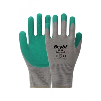 BEYBİ PL17 10 Beden Gri-Yeşil 12li Paket Legend Polyester Örme Lateks Eldiven