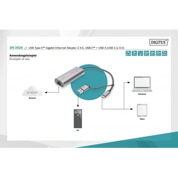 Digitus DN-3028 USB Tip C™ Gigabit Ethernet Adaptörü 2.5G, USB-C™ + USB-A (USB 3.1-3.0)