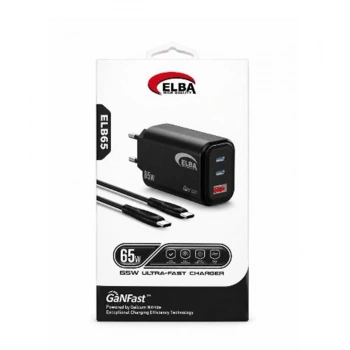 Elba ELB65 65W Siyah Ev Şarj Kafa + Type- C To Type-C Kablo  ( GANFAST Teknoloji )Şarj Aleti