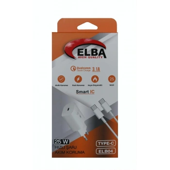 Elba ELB04-PD-25WTypc Beyaz 25W Typc-e Ev Şarj Kafa+1mt Type-c To Type-c Kablo 3.1 Hızlı Şarj