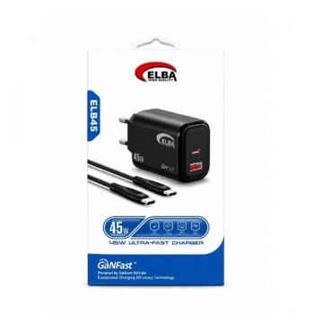 Elba ELB45 45W Siyah Ev Şarj Kafa+ Type- C To Type-C Kablo ( GANFAST Teknoloji Şarj Aleti )