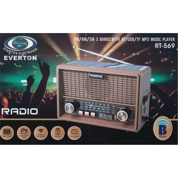 Everton Rt-569  Bluetooth Fm-Usb-Tf-Aux Güneş Enerjili Şarjlı Nostaljik Radyo