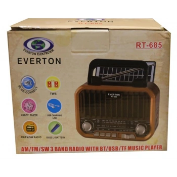 Everton RT-685  Şarjlı,Solarlı  Nostaljik Radyo ( Bluetooth-USB-SD-FM)