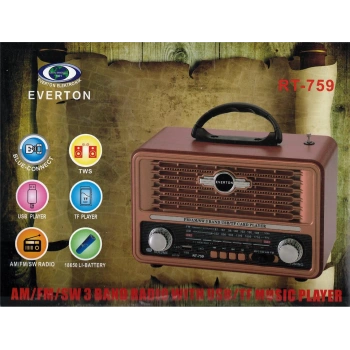 Everton Rt-759  Bluetooth Fm-Usb-Tf-Aux  Şarjlı Nostaljik Radyo