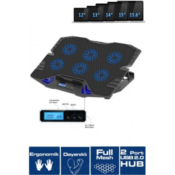 Frisby FNC-5235ST GS6 Notebook Soğutucu (6xFan) LCD Kontrol Panel Metal Izgara 5 Kademeli Yükseklik