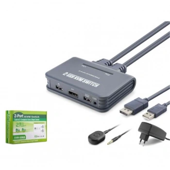 HADRON HDX1427 DisplayPort KVM Switch 2 Console USB Harici Butonlu Dahili Kablolu 2 DP Siyah
