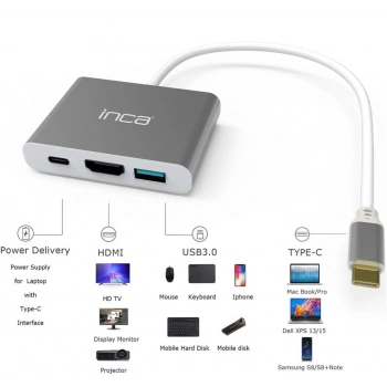 Inca ITPC-04TX Type-c Hub HDMI 4K@30hz USB3.0+PD100W Akım ve Voltaj Korumalı Alüminyum Çoklayıcı