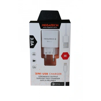 Megatech 3.0A Ev 2IN1 Ev Şarj Kafa +Iphone Şarj Kablo Hızlı Şarj