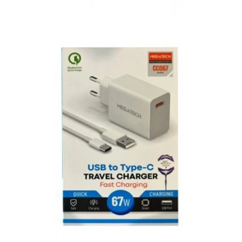 Megatech 67w Turbo Şarj Gösterme EvŞarj Kafa + Type-C Şarj Kablosu