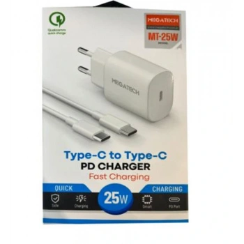 Megatech Mt-25w QC:3.0 PD:3.0 Ev Şarj Kafa+ Type-C To Type-C Şarj Kafası Hızlı Şarj