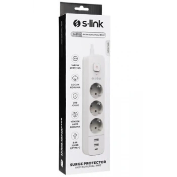 S-link SPG03TC 5V2.4A 1.5m 3x1.00mm 100 yüzde  Bakır 750 Joule 3 lü Anahtarlı Akım Korumalı Beyaz Priz
