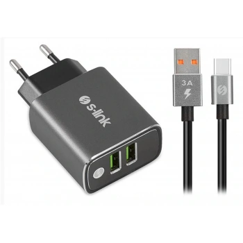 S-link SW-EHT36M 2 USB, 3.1A Metal Ev Sarj Cihazı ve Type-C Data + Sarj Kablosu