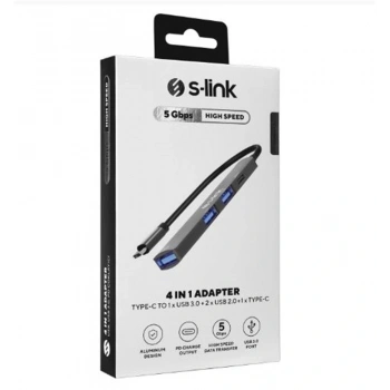 S-link SWV-USBC023 4 in 1 Gri Metal TypeC to 2-USB2.0 USB 3.0, PD Type C Adaptör