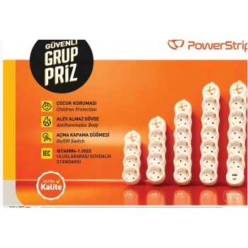 TUNCMATIK POWERSTRIP5 5 li 3m IEC 66884-1:2022 Standartı, FR(Alev Almaz)anahtarlı grup priz