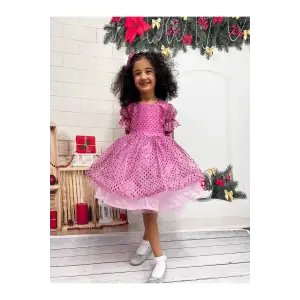 Pembe Payetli Kız Çocuk Elbisesi