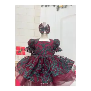 Bordo Kare Yakalı Kız Çocuk Elbisesi