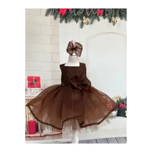 Kahve Sıfır Kolu Kız Çocuk Elbisesi