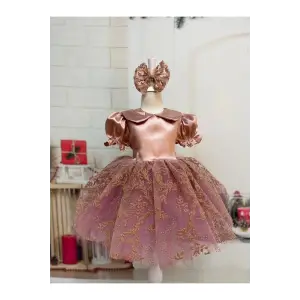 Pudra Bebe Yakalı Kız Çocuk Elbisesi