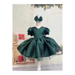 Yeşil V Yakalı Kız Çocuk Elbisesi