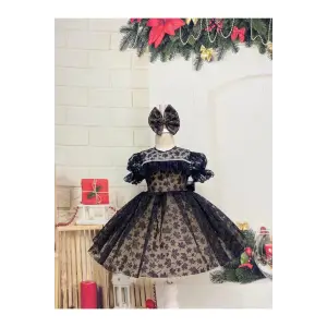 Siyah Fır Fırlı Kız Çocuk Elbisesi