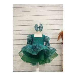 Yeşil Kare yakalı Kız Çocuk Elbisesi