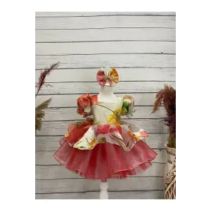 Kırmızı Cicek desenli Kız Çocuk Elbisesi