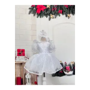 Beyaz Kare Yakalı Kız Çocuk Elbisesi