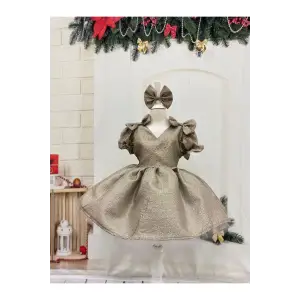 Bej V Yaka Kız Çocuk Elbisesi