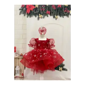 Kırmızı Büyük Fiyunklu Kız Çocuk Elbisesi