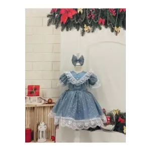 Bebe Mavisi Danteli Kız Çocuk Elbisesi
