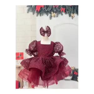 Bordo Simli Büyük Fiyoklu Kız Çocuk Elbisesi