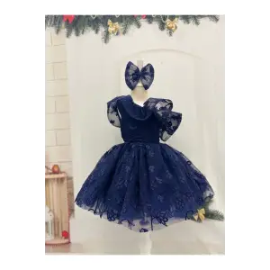 Mavi Tek Omuzlu Fırfırlı Kız Çocuk Elbisesi