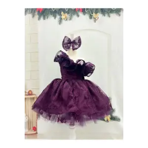 Bordo Tek Omuzlu Fırfırlı Kız Çocuk Elbisesi