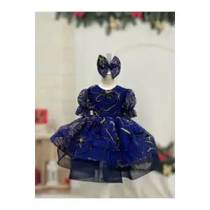 Mavi Sarı Cizgili Kız Çocuk Elbisesi