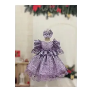 Lila Dantelli Kız Çocuk Elbisesi