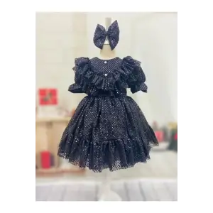 Siyah Payetli Fırfırlı Kız Çocuk Elbisesi