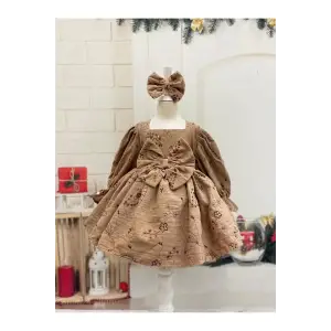 Acık Hahve Desenli Kadife Kız Çocuk Elbisesi