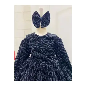 Siyah Kadife Bebe Yakalı Kız Çocuk Elbisesi