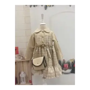 BEj Ekose Cantalı Kız Çocuk Elbisesi