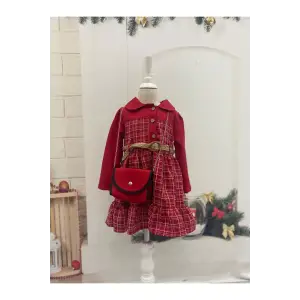 Kırmızı Ekose Cantalı Kız Çocuk Elbisesi