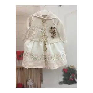 Sarı Krem Baskılı Burşlu Krep Kız Çocuk Elbisesi