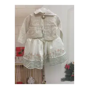 Krem Baskılı Burşlu Krep Kız Çocuk Elbisesi