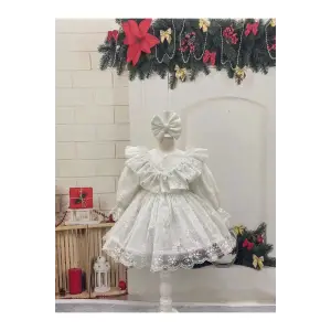 Beyaz Kadife Kız Çocuk Elbisesi